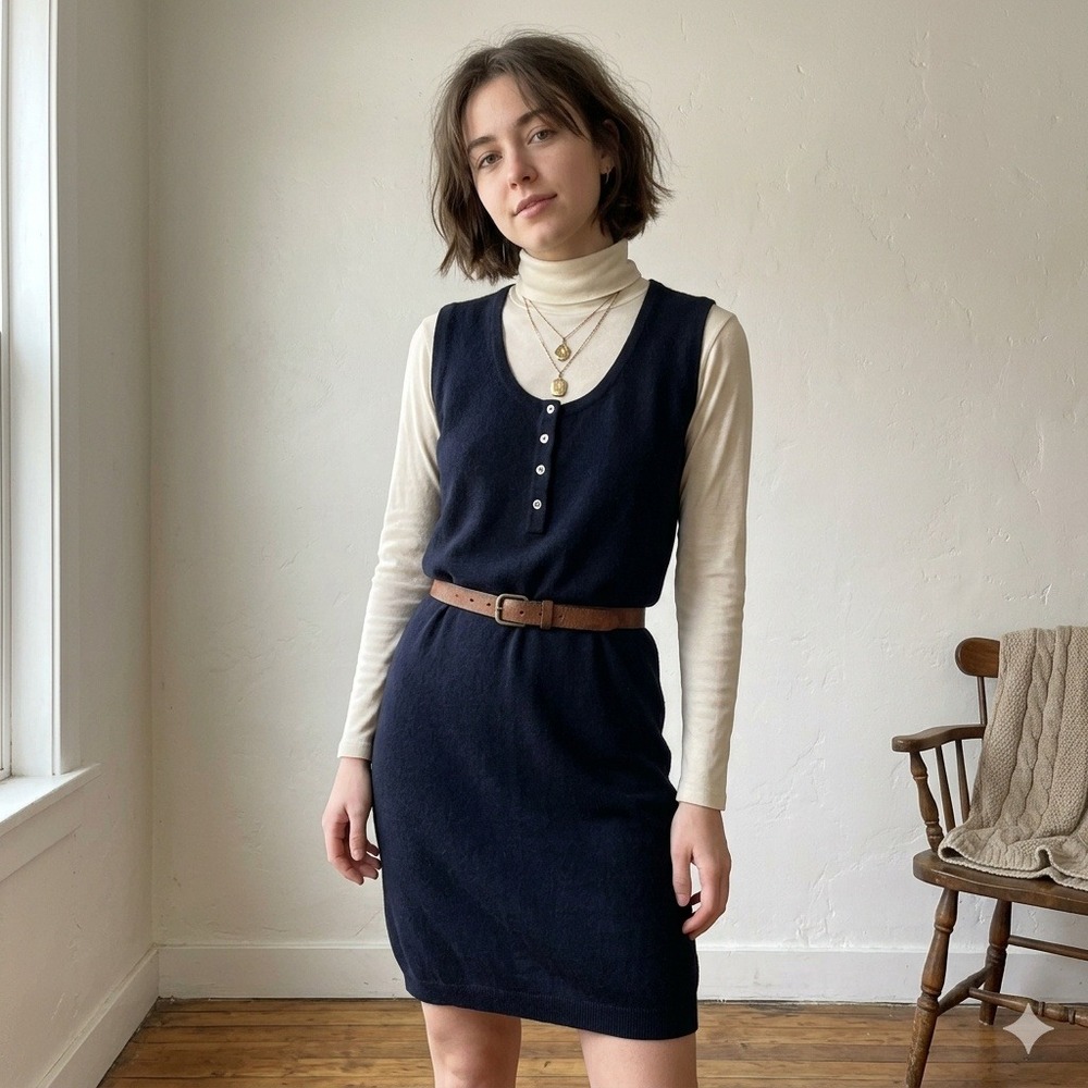 Vintage 90s Drumohr Cashmere Dress Womens Large Navy Blue Henley Knit Scotland